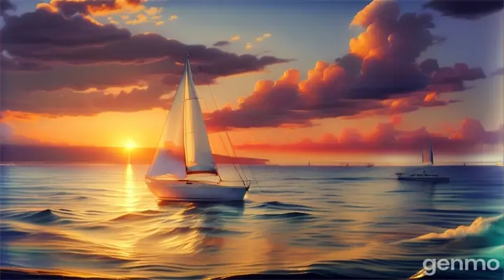 Sailing at sunset with a view of the horizon, calming and serene, oil on canvas