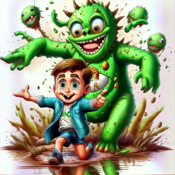 a cartoon of a boy and a monster in the mud