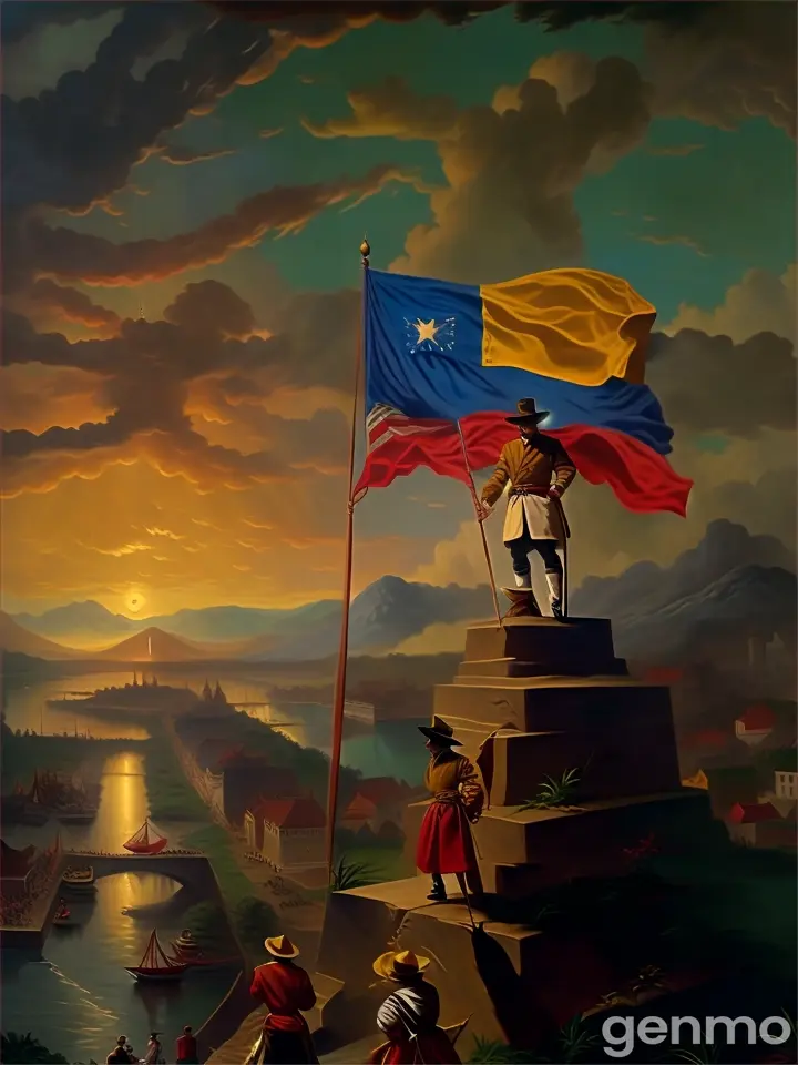 a painting of a man holding a flag very windy