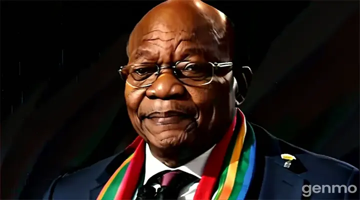 president zuma , in a suit and tie with a colorful scarf showing south african colors around his neck