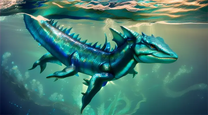 ain Prompt:
A full-body water dragon glides elegantly through the depths of the ocean. His shimmering, scaled skin shimmers in various shades of blue and green, reflecting the light like crystal. Two mighty fins propel him through the currents, while his four powerful, webbed legs anchor him firmly in the water. His long, supple tail winds through the waves like a snake. The dragon's head is elegantly shaped, with glowing blue eyes and delicate horns that resemble coral. He moves with a grace and elegance that evokes dances, surrounded by floating plankton that sparkle like stars in the water.
Negative prompt: 
No pixel art, no cartoon aesthetics, no unrealistic proportions, no blur, no artifacts, no incompleteness, no inaccuracies.