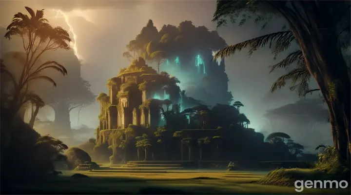 A mysterious ancient ruin in a dense jungle, illuminated only by the eerie glow of a distant lightning strike.