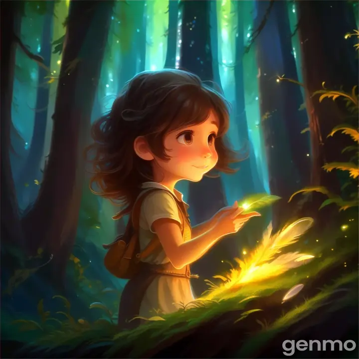 The girl tries to touch the glowing magic feather