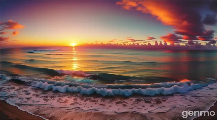 Panoramic fish-eye shot of a colorful horizon with cresting waves in the foreground