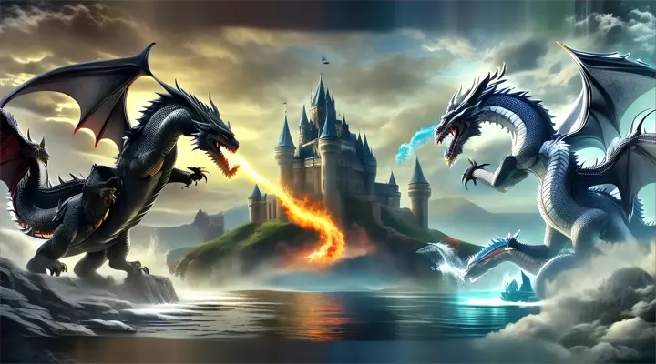 two dragon fighting each other in front of a castle