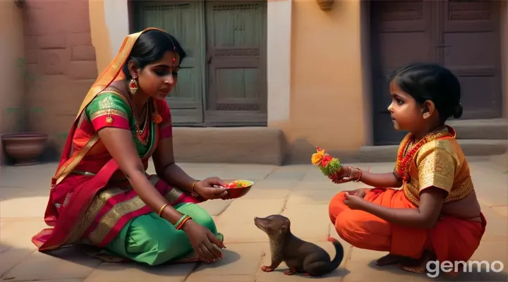 traditional Indian house, In the center of the courtyard Prabha is seated on a low stool, feeding her 1-year-old child, Sundar, with one hand, while the other hand offers food to a small mongoose named Chinu. she is a fair-skinned 42-year-old woman dressed in a bright red sari and a green blouse, with a dupatta gracefully covering her head. Her expression is one of suspicion and anger, her eyes intense and fierce, radiating a deep sense of distrust and frustration.