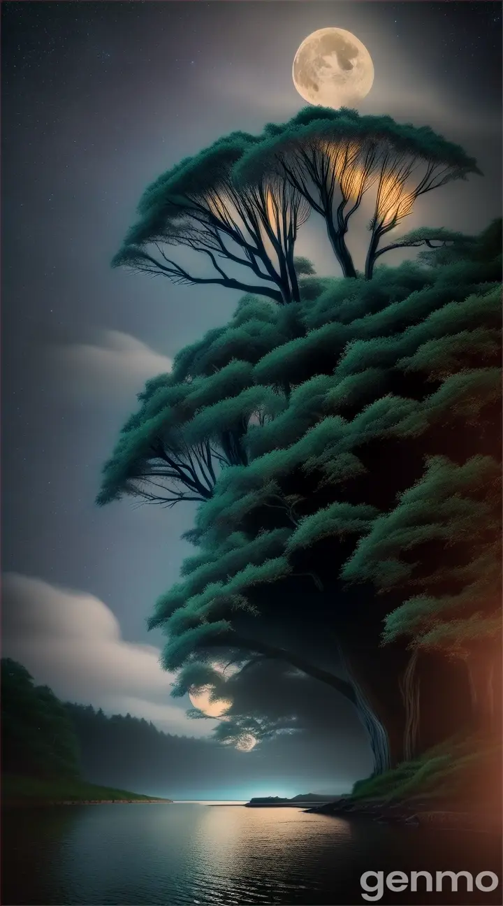 tree, in the dark of night, river, waterfall ,clouds, moon, star, colorful, detailed, 4k masterpiece, professional photography, isometric, vibrant, ultra realistic details , Mysterious, Mysterious, ultra hd, realistic, vivid colors, highly detailed, UHD drawing, pen and ink, perfect composition, beautiful detailed intricate insanely detailed octane render trending on artstation, 8k artistic photography, photorealistic concept art, soft natural volumetric cinematic perfect light