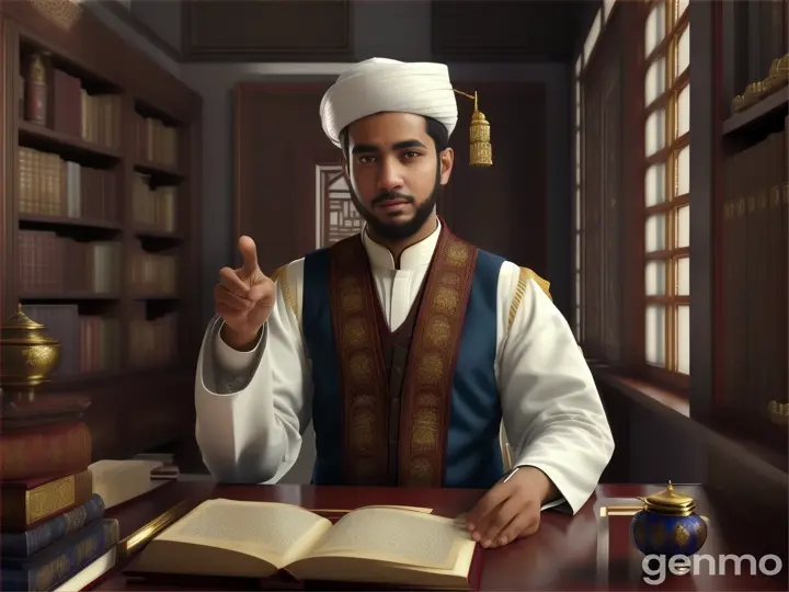 Medium shot of Ibrahim pointing towards the Jin: Description: "A scholar Ibrahim in traditional attire points his finger with a look of curiosity."
- Background: "Study room with bookshelves and scholarly
artifacts."