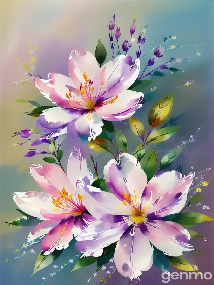 Drawing (brushstrokes with strokes, dashes, blots): three stylized azalea flowers with stems (flowers IN TONES OF PURPLE AND WHITE WATERCOLOR). against a background of blue sky and stylized sun with rays. On an abstract background with spots and strokes in 7277ff shades. High in the sky: yellow sun. Рисунок (мазки со штрихами, черточками, кляксами): стилизованных цветка азалия со стеблями (цветки В ТОНАХ ФИОЛЕТОВО-БЕЛОЙ АКВАРЕЛИ). на фоне голубого неба и стилизованного солнца с лучами. На абстрактном фоне с пятнами и штрихами в оттенках цвета 7277ff . Высоко в небе: жёлтое солнце.