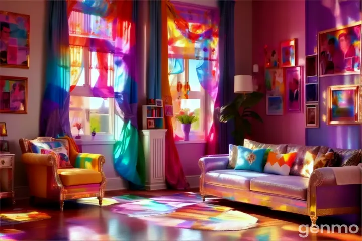 a living room filled with furniture and colorful curtains