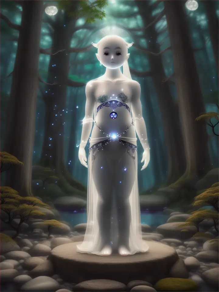 Main Prompt:
Describe the full body of a mystical Kodama inspired by Japanese anime mysticism. The Kodama is a small, white figure embodying the essence of an ancient tree spirit. Its body is delicate and ghostly, with soft, glowing white skin that shimmers in the moonlight. The Kodama's head is round and simply designed, with large, expressive eyes that reflect a deep understanding of nature. The Kodama has delicate, almost translucent limbs that allow for graceful and light movement. It wears no clothing, as its body itself represents the pure, natural appearance of a spirit. The Kodama moves through an ancient, dense forest, bathed in mysterious blue light. With each step, it creates gentle vibrations that cause the leaves to whisper and the plants around it to light up. It glides silently through the trees, embodying the quiet, peaceful presence of an ancient tree spirit. The Kodama interacts with the environment by gently touching the tree bark and communicating with the forest animals.

Negative Prompt:
Avoid depicting more than four limbs. The Kodama should not have anatomically illogical features like extra heads or wings. The proportions of the body should be consistent and not appear deformed or unnatural. Avoid blurry or uneven details and ensure the Kodama's form appears delicate and ethereal. Avoid modern or non-traditional elements to maintain authenticity.