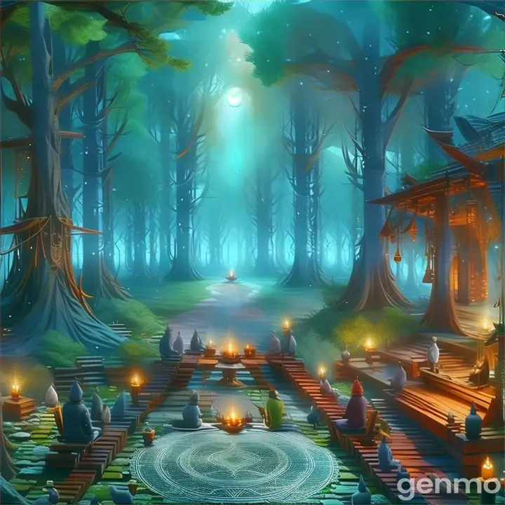 a painting of people sitting on a bench in the middle of a forest