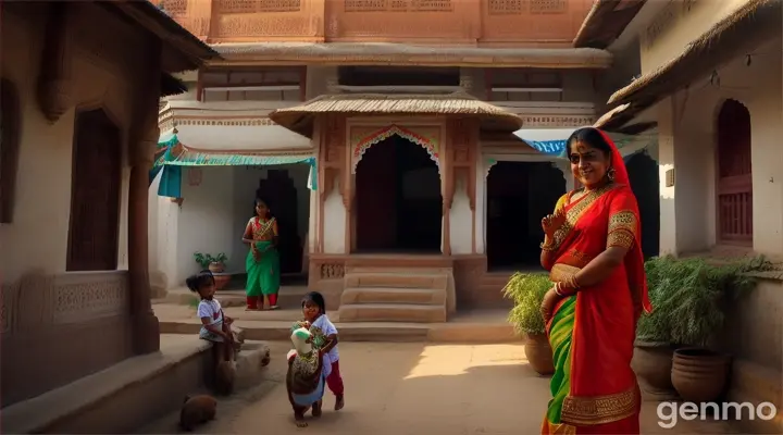 traditional Indian house, In the center of the courtyard Prabha is seated on a low stool, her 1-year-old child, Sundar, and a small mongoose named Chinu are playing together. she is a fair-skinned 42-year-old woman dressed in a bright red sari and a green blouse, with a dupatta gracefully covering her head. Her expression is one of suspicion and anger, her eyes intense and fierce, radiating a deep sense of distrust and frustration.