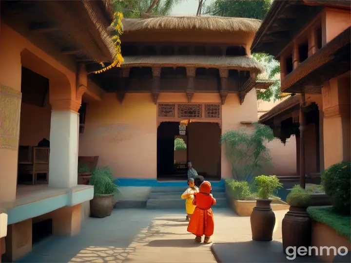 traditional Indian house, In the center of the courtyard 1-year-old child  and a small mongoose are playing together. 