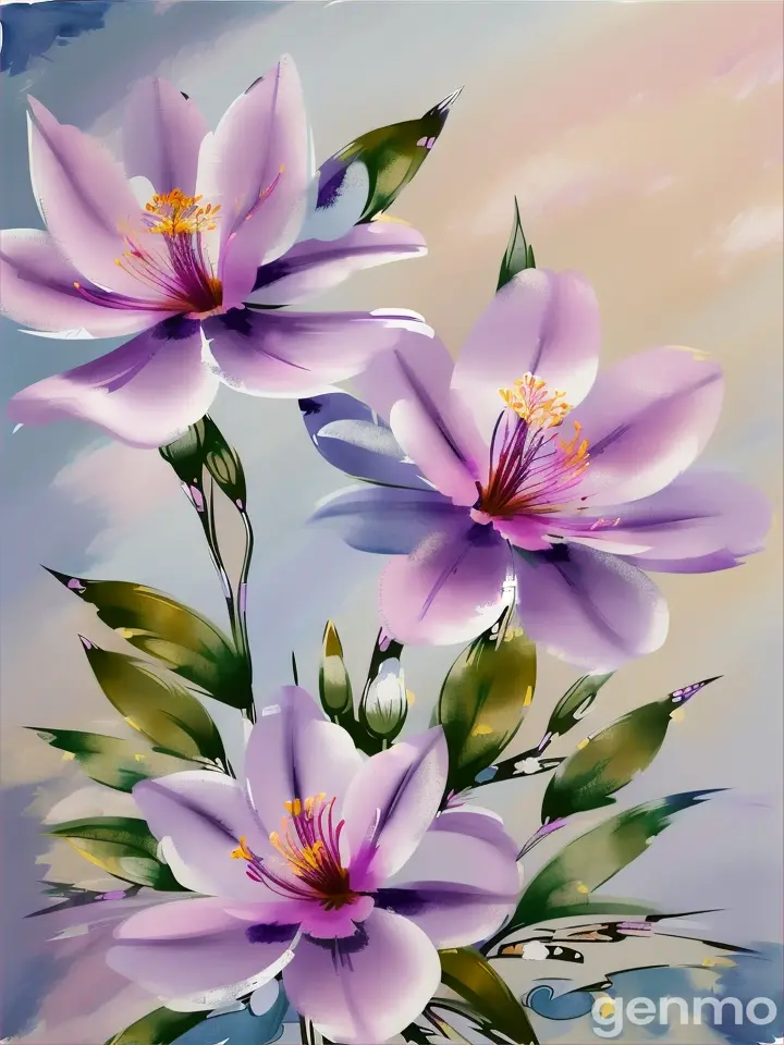 Drawing (brushstrokes with strokes, dashes, blots): three stylized azalea flowers with stems (flowers IN TONES OF PURPLE AND WHITE WATERCOLOR). against a background of blue sky and stylized sun with rays. On an abstract background with spots and strokes in 7277ff shades. High in the sky: yellow sun. Рисунок (мазки со штрихами, черточками, кляксами): стилизованных цветка азалия со стеблями (цветки В ТОНАХ ФИОЛЕТОВО-БЕЛОЙ АКВАРЕЛИ). на фоне голубого неба и стилизованного солнца с лучами. На абстрактном фоне с пятнами и штрихами в оттенках цвета 7277ff . Высоко в небе: жёлтое солнце.
