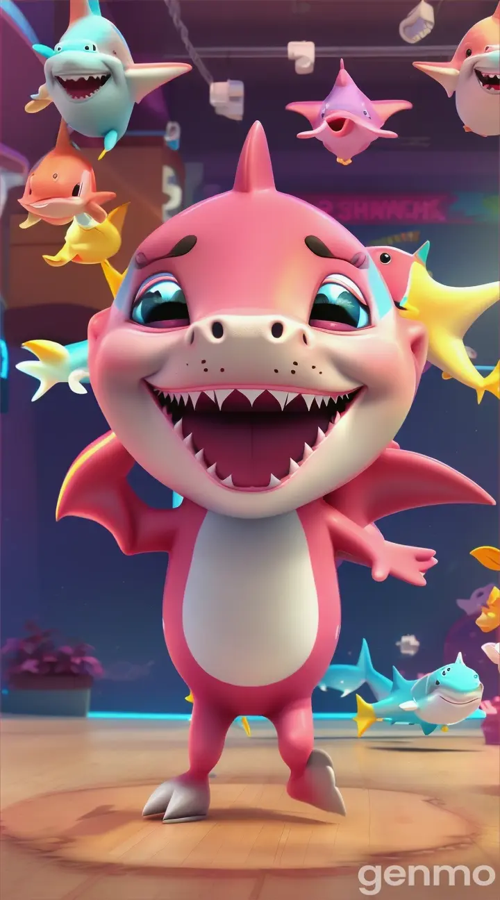 Baby shark dancing to the song baby shark, animated 3d cartoon, 9:16 ratio