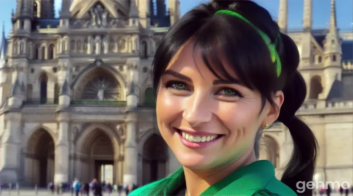 une belle femme de 40 ans, souriante, aux cheveux noirs et aux yeux verts clairs, avec une frange sur le front et une queue de cheval, est devant le Sacré Cœur à Paris