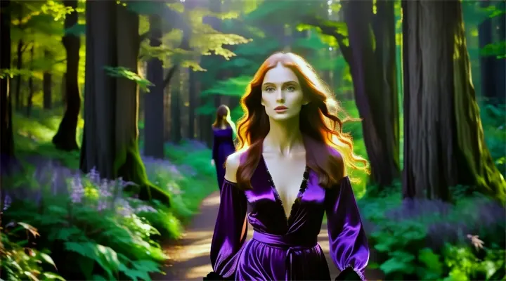 a woman in a purple dress walking through a forest