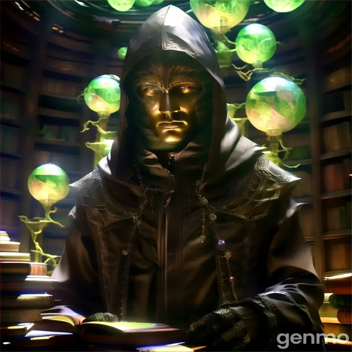 a man in a hooded jacket standing in front of a bookshelf