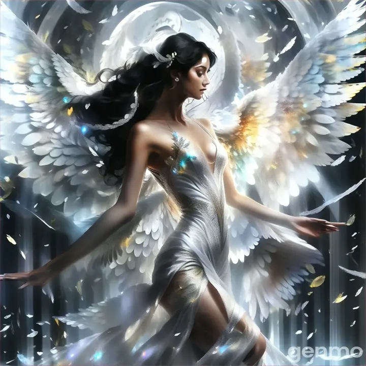 a woman in a white dress with angel wings