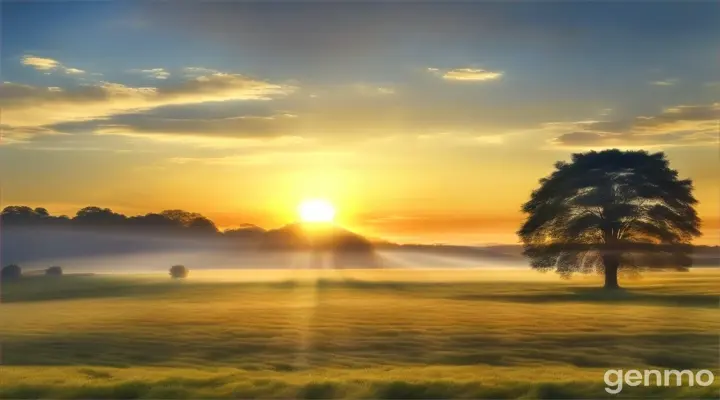 a tree in a field with the sun setting in the background