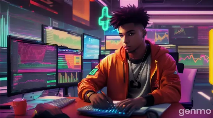 a young man , hip hop clotes ,  siting in a chair in front of a computer screen financial charts , anime style 