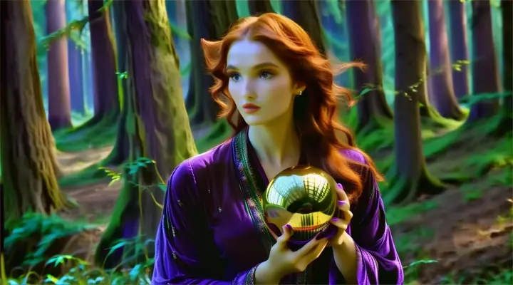 a woman in a purple dress holding a yellow object in a forest