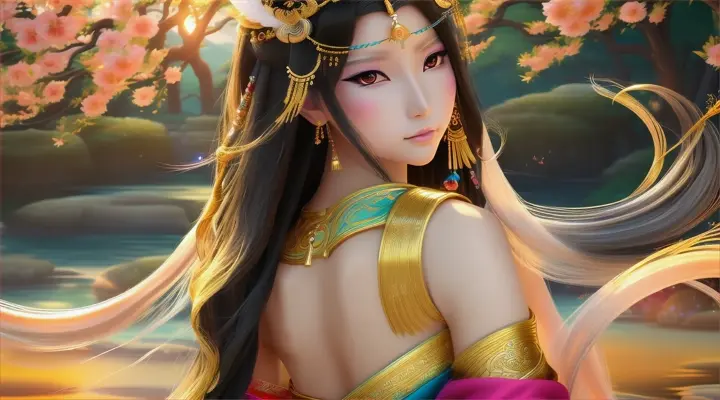 Main Prompt:
Describe the full body of a mystical Tennin inspired by Japanese anime and folklore mysticism. The Tennin is a celestial being often depicted as a beautiful angel. Its appearance is majestic and radiant, with a graceful, slender figure. The Tennin has long, flowing hair that waves like silk in a gentle breeze. Its eyes glow with deep, serene wisdom and radiate kindness. Its skin is flawless and has a slight shimmer in the sunlight. The Tennin wears traditional, richly adorned garments in vibrant colors, embroidered with golden patterns and celestial symbols. Large, elegant wings emerge from its back, covered in the finest feathers that shimmer in all the colors of the rainbow. The Tennin gracefully floats above a picturesque landscape, filled with blooming cherry trees, clear streams, and gentle hills. With each movement, it spreads an aura of peace and safety. The Tennin interacts with the environment by blessing and protecting those in need. It heals wounds and eases pain with a gentle touch and foretells future events through celestial visions.

Negative Prompt:
Avoid depicting more than two wings. The Tennin should not have anatomically illogical features like extra heads or limbs. The proportions of the body should be consistent and not appear deformed or unnatural. Avoid blurry or uneven details and ensure the Tennin's form appears both majestic and benevolent. Avoid modern or non-traditional clothing and equipment to maintain authenticity.