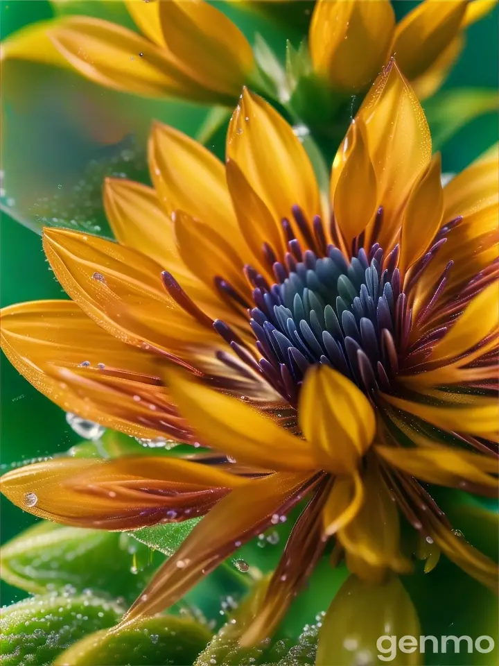 a close up of a yellow flower with drops of water on it