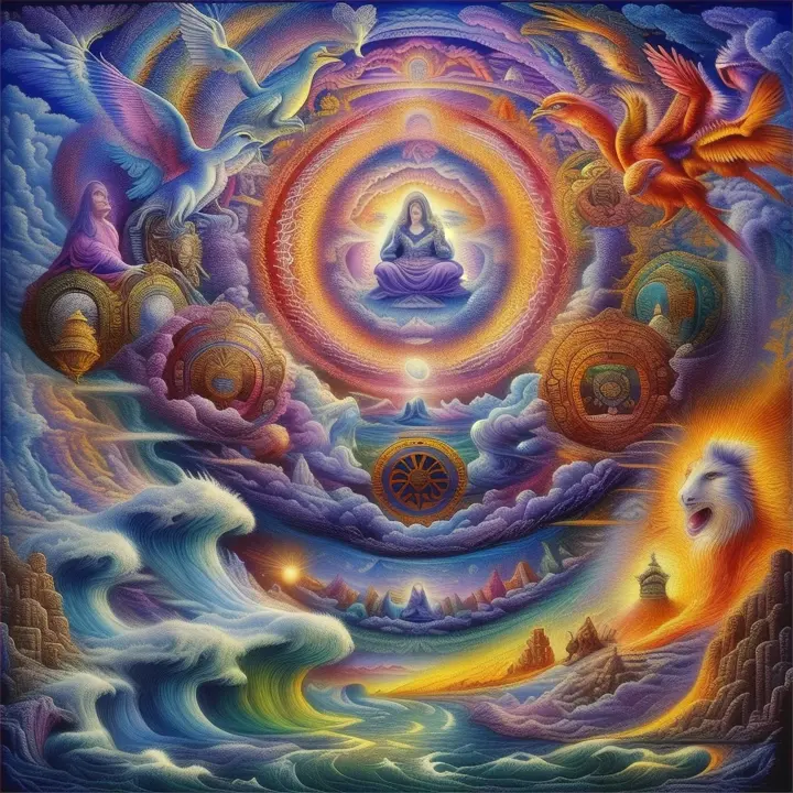 a painting of a person surrounded by other things