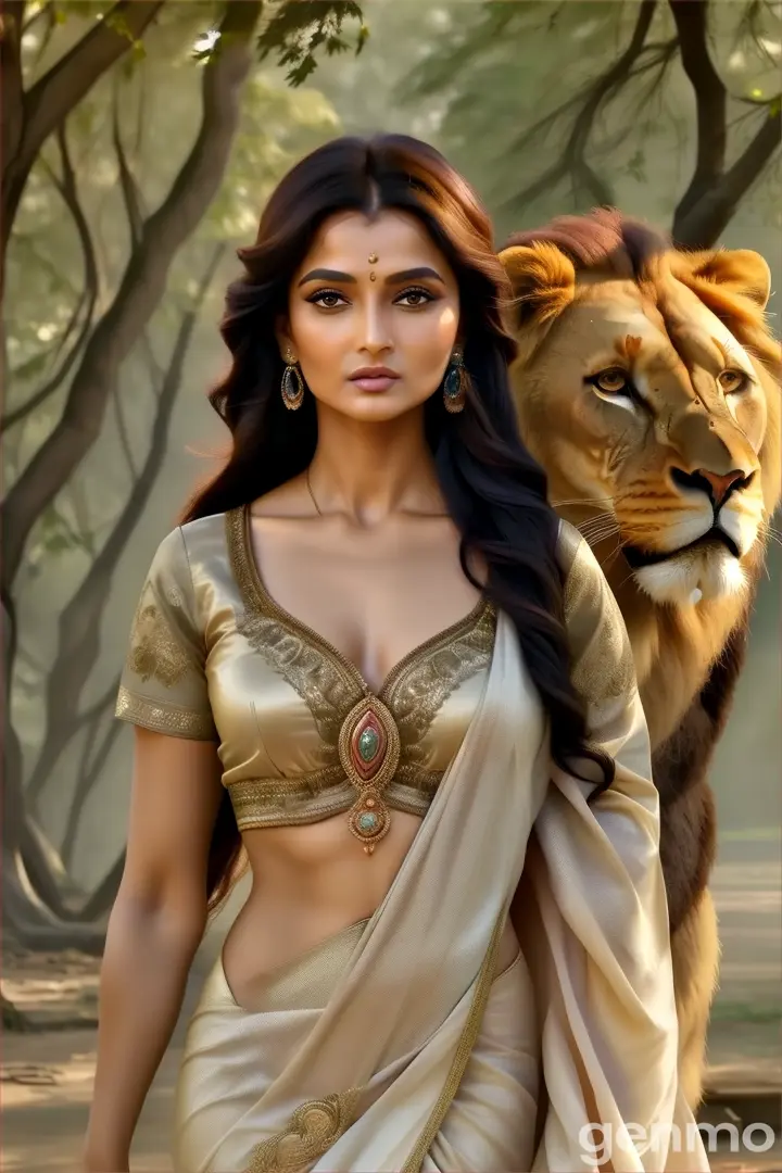 a woman in a sari and a lion in the background