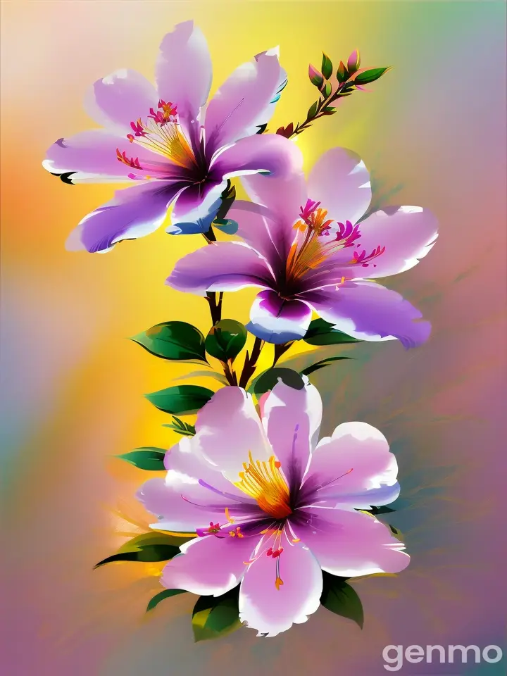 Drawing (brushstrokes with strokes, dashes, blots): three stylized azalea flowers with stems flowers (flowers IN LIGHT PURPLE COLOR ). against a background of blue sky and stylized sun with rays. On an abstract background with spots and strokes in 7277ff shades. To highlight: high in the sky is a yellow sun with clear rays. Рисунок (мазки со штрихами, черточками, кляксами): ТРИ стилизованных цветка азалия со стеблями (цветки В СВЕТЛОМ ФИОЛЕТОВОМ ЦВЕТЕ). на фоне голубого неба и стилизованного солнца с лучами. На абстрактном фоне с пятнами и штрихами в оттенках цвета 7277ff . Выделить особо: высоко в небе жёлтое солнце с чёткими лучами.