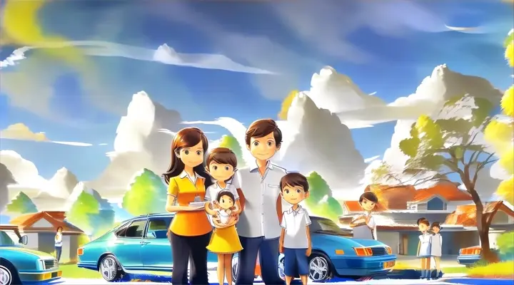 a family standing in front of a blue car