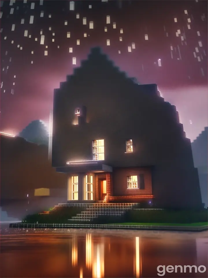 Minecraft video wallpaper, dark night background, shining house light at distance, raining,