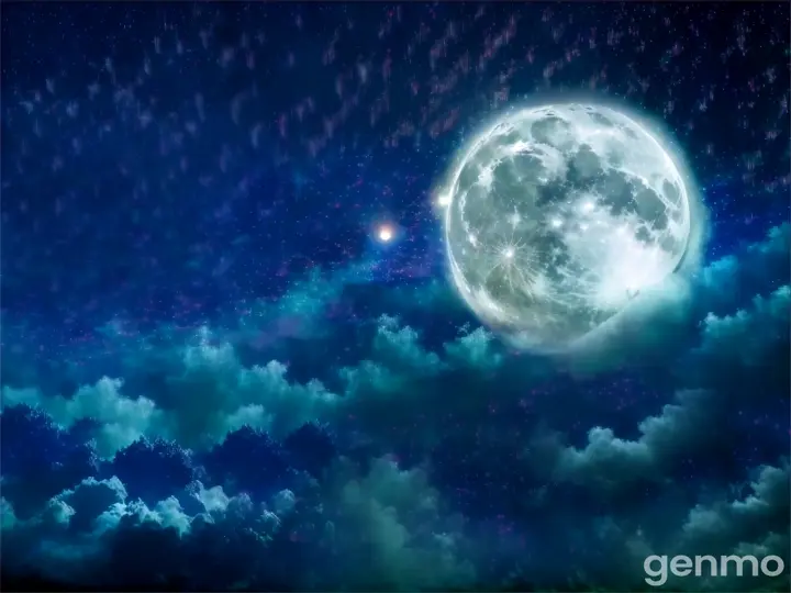 A full moon hovering in the centre of a clearing deep within an enchanted forest, casting a mesmerizing light over the surrounding flora and fauna