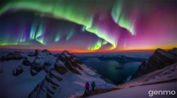 Couple on mountain under aurora borealis at night, with colorful lights filling the sky