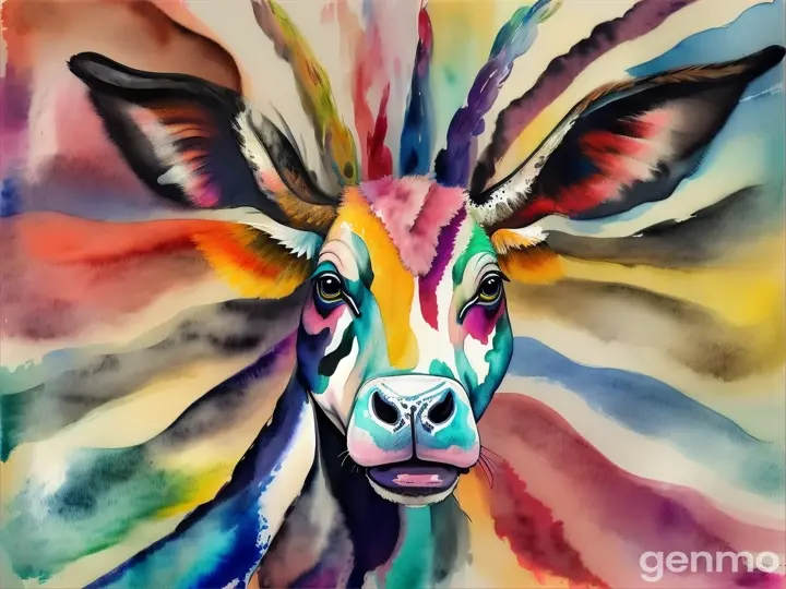 A cow head turning into a duck head with color spreading through watercolor diffusion