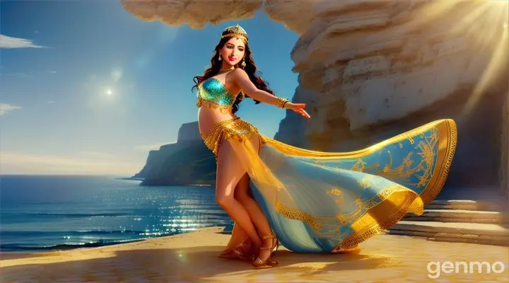 Photorealistic woman dancing in a Princess belly dance outfit on the sunny side of a seaside cliff