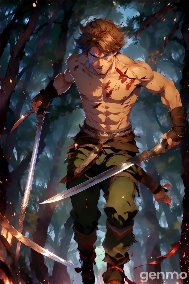 a man with a sword running through a forest. His hair and feet move while he runs