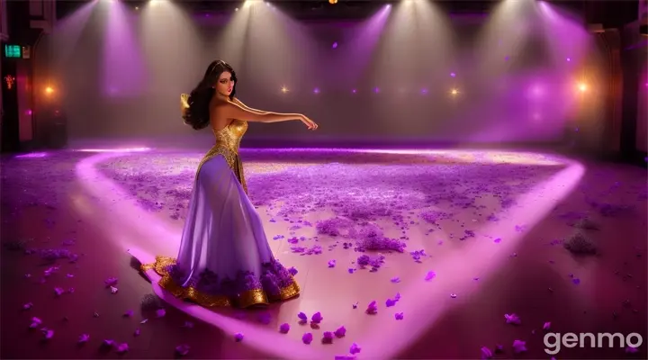 A cinematic shot of a brunette model wearing a magical dress made from lil flower petals as she dances confidently through a desolate nightclub, capturing the juxtaposition of beauty and decadence, with the model's flawless skin shining like a beacon of hope amid to the nightclub landscape. photographed with a shallow depth of field to blur the shadowy surroundings, emphasizing her striking, rebellious pose. full body, golden hour.