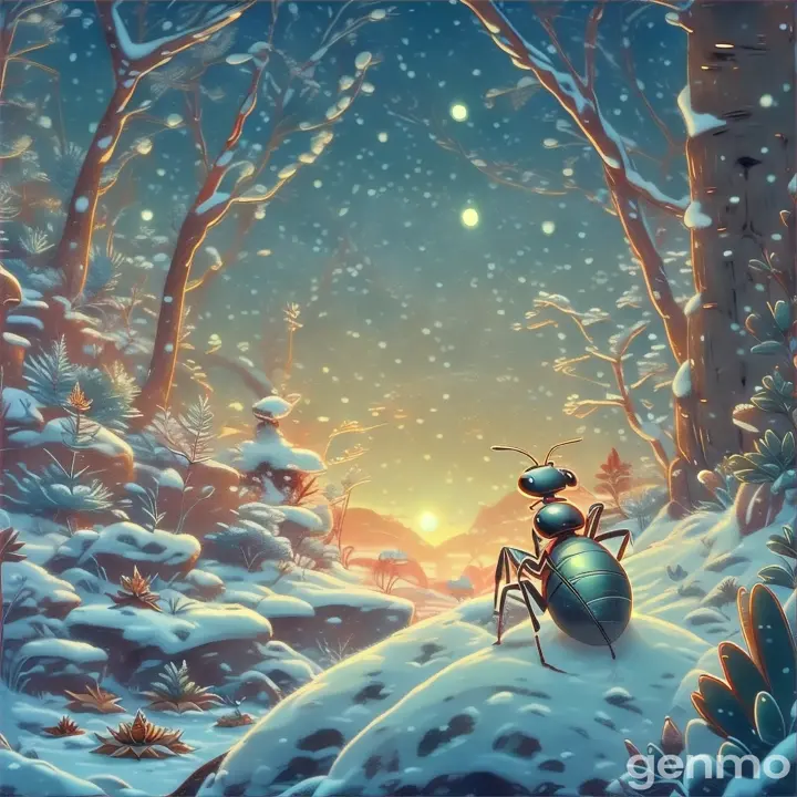 an ant in a snowy landscape with trees and bushes