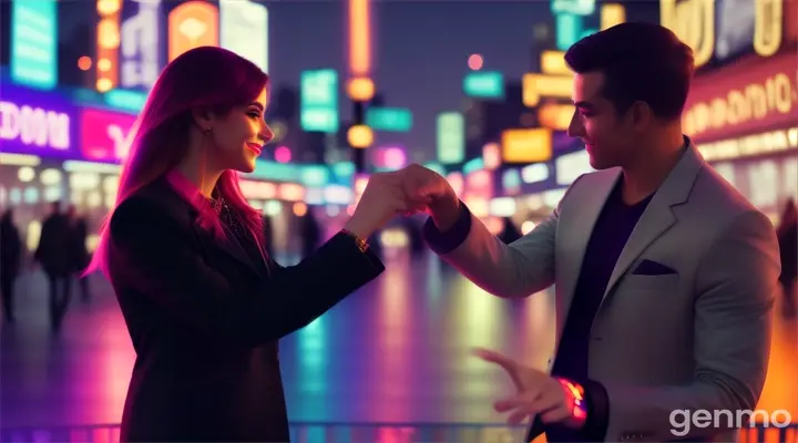 A love couple dancing in front of a colorful, illuminated cityscape at night