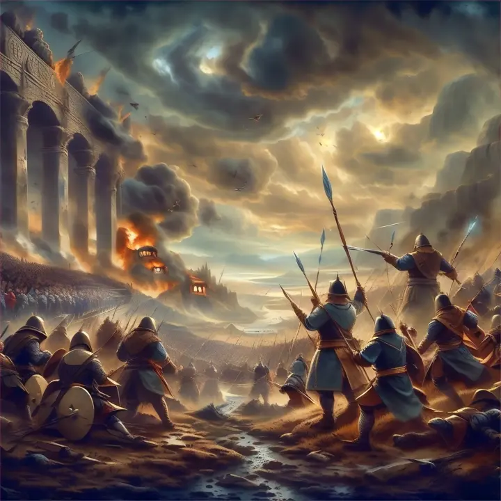 a painting of a battle with a lot of people