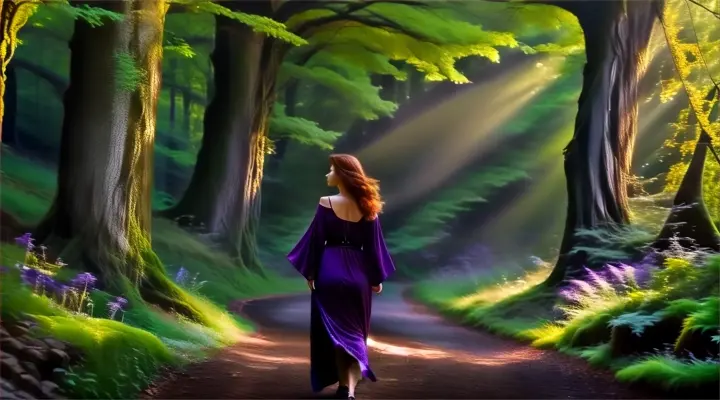 a woman in a purple dress walking through a forest