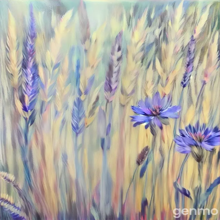 a painting of blue corn flowers swaying in a wheat field on summer day.