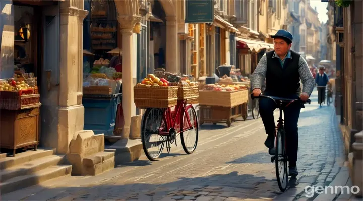 a man cycling in a busy ancient street