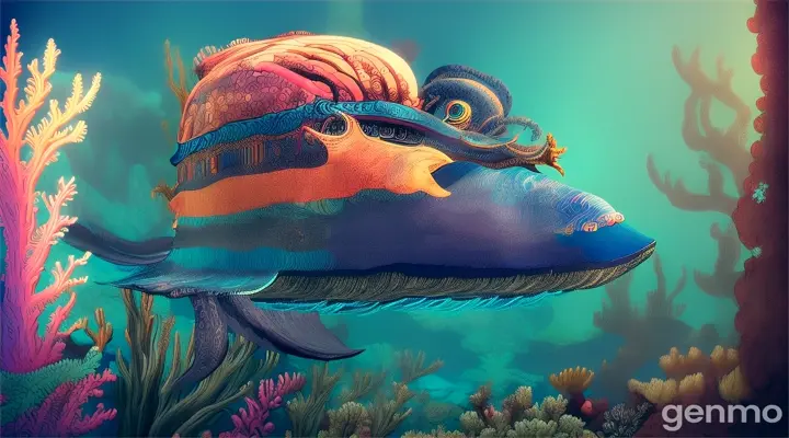 Undersea adventure with a pirate shipwreck, colorful coral and marine life, illustration