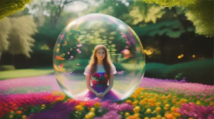 A person floating in a bubble surrounded by colorful flowers and foliage