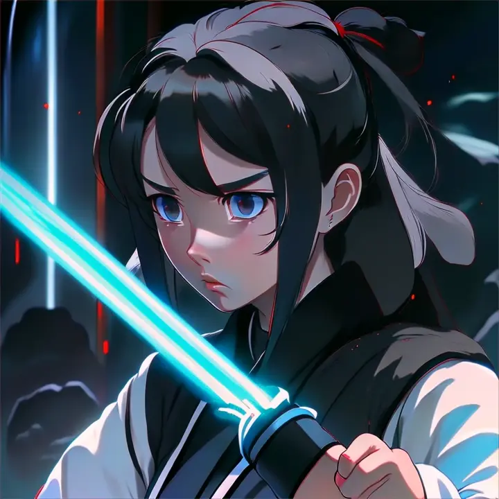 she is getting ready to defend herself , she gets angry , wind blows her hair , anime , advertising style