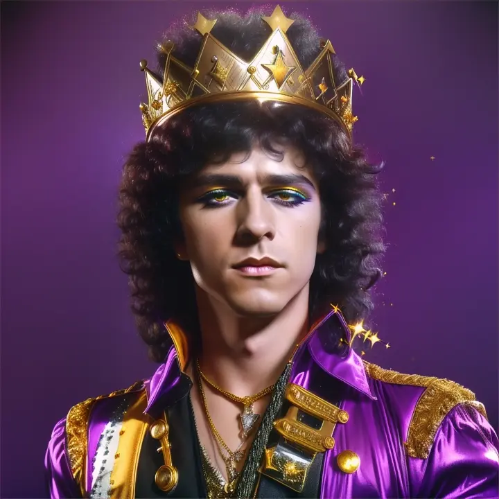 Posters icónico de Marc Bolan glam rock star joven con 27 años ultra realista, muy parecido, con una corona  de forma sencilla goma color dorada y derretida en la cabeza, sombra de ojos de purpurina púrpura y negra